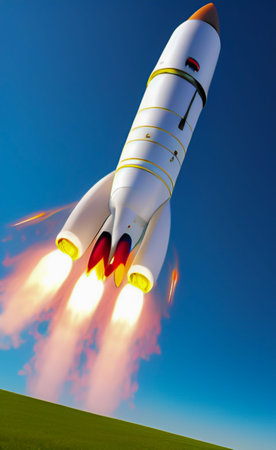 Space rocket on a background of blue sky. 3D rendering.