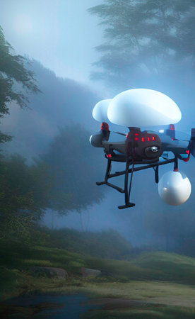 Drone flying in the foggy forest at sunrise. 3D rendering