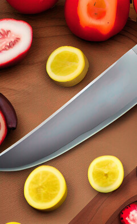 Slices of lemon and tomato on a cutting board with knife