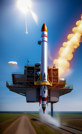 Space rocket taking off into the sky. 3D rendering. Illustration.の写真素材