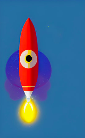 Rocket flying in space on a blue background. Space exploration concept.の写真素材