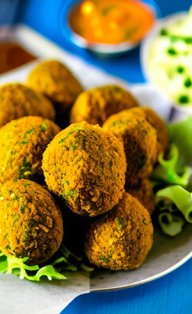 Fried falafel balls with green peas and sweet sauce.