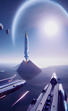 Space ship on the background of the planet. 3D rendering.