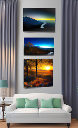 interior with sofa and pictures on the wall. 3d illustrationの写真素材