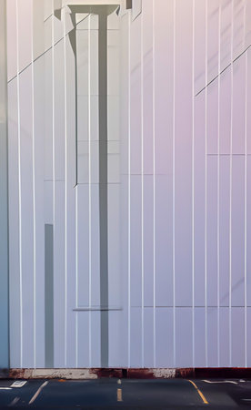 Detail of the exterior of a modern office building with a metal fenceの写真素材