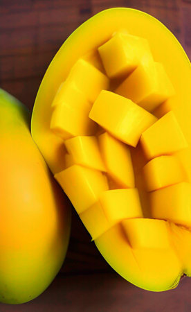Mango fruit on wooden background, Close up of fresh mango fruitの写真素材