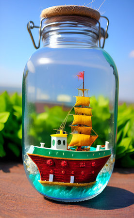 Toy ship in a glass jar on the background of green field.の写真素材