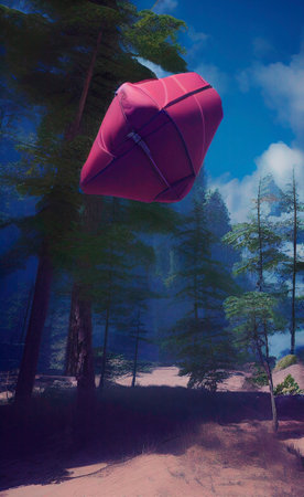 Red origami boat in a pine forest, 3d render.