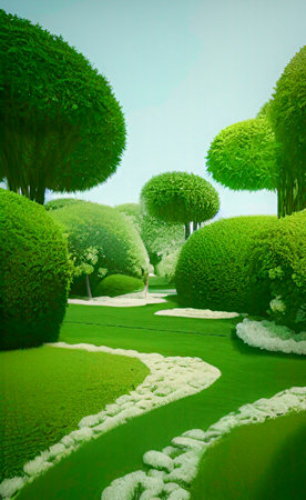 Beautiful green garden with trees and bushes in the park. Nature backgroundの写真素材