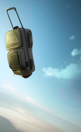 Luggage flying in the blue sky with white clouds. Travel conceptの写真素材