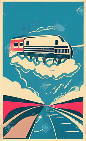 Retro poster with train and clouds. Vector illustration in retro style.の写真素材