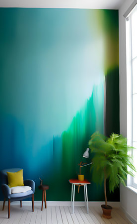 Interior of the living room with a green wall and a blue chairの写真素材