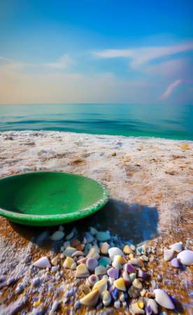 Empty green plate on the beach with pebbles and sea backgroundの写真素材