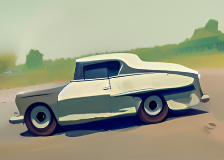 Vintage car on the road. Digital painting. Illustration.の写真素材