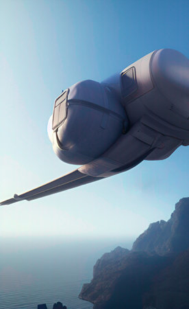 Futuristic spaceship flying over the sea in a blue sky.