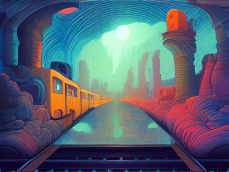 Digital painting of a train in a tunnel at night, digital illustrationの写真素材