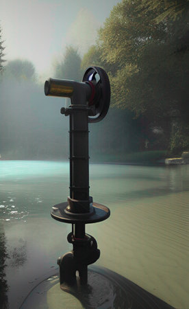 Binoculars on the water in a park in the fogの写真素材