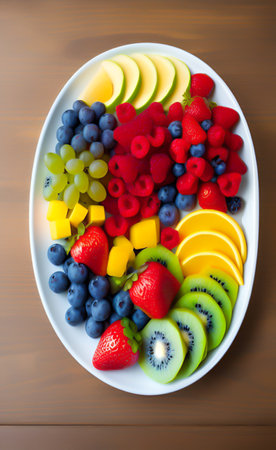 Fresh fruit salad in a white plate on a wooden background. Top view.の写真素材