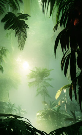 Tropical rainforest with fog and sunlight. 3d renderingの写真素材