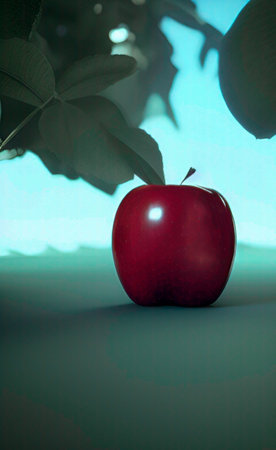 Red apple on a green background in the rays of the setting sunの写真素材
