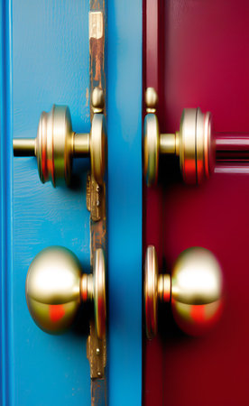 close up of a door handle in blue and red, with golden handlesの写真素材