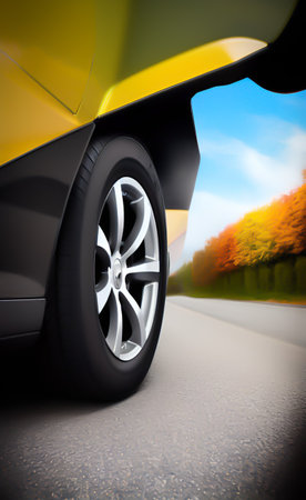 Car wheel on the road. 3d render image with selective focusの写真素材