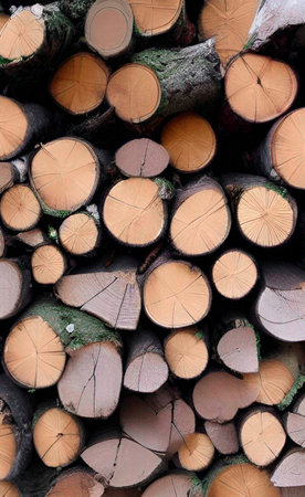 Pile of firewood in the forest, closeup of photo