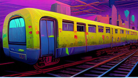Digital painting of a train on a railway station in New York City
