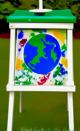 Colorful world map on a white easel, closeup of photoの写真素材