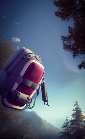 Backpack on the top of a mountain with a view of the starry skyの写真素材