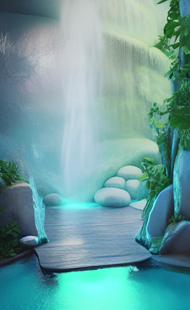 3d rendering of a waterfall in a tropical garden with stone floorの写真素材