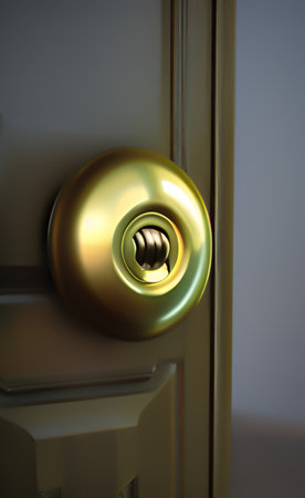 Closeup of a golden door knob with a keyhole in itの写真素材