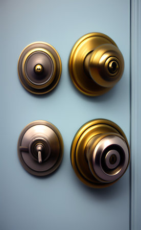 3d rendering of golden door knob on the doorの写真素材