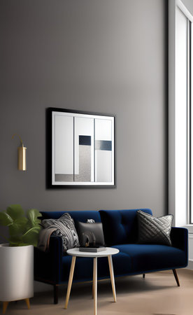 Interior of modern living room with grey walls, concrete floor, blue sofa and coffee table. 3d...
