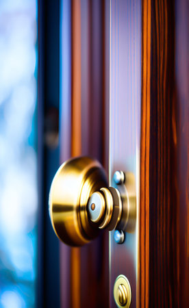 Close up of a door handle on a wooden door with a blurred backgroundの写真素材