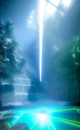 Interior of a swimming pool in a spa hotel with neon lightの写真素材