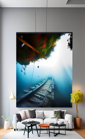 Modern interior of a living room with a TV on the wall. 3d renderingの写真素材