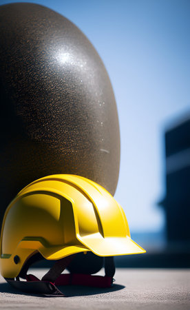 Helmet and hard hat on construction site. Construction concept. Selective focus.の写真素材