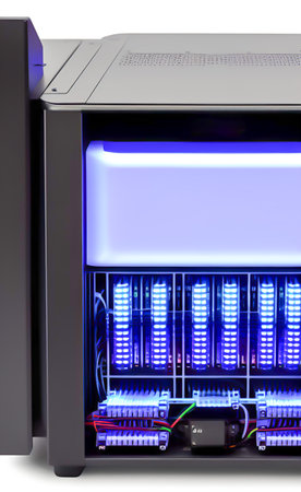 3d render of a computer with led lights on a white backgroundの写真素材