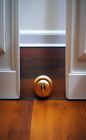 Opened door with golden keyhole on wooden door. 3D renderingの写真素材