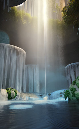 Beautiful waterfall in the garden at night, nature and landscape concept