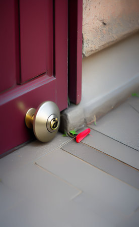 Opened door with lock and key, close-up view.の写真素材
