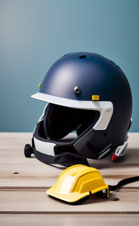 Helmet and safety belt on a wooden table with blue background.の写真素材