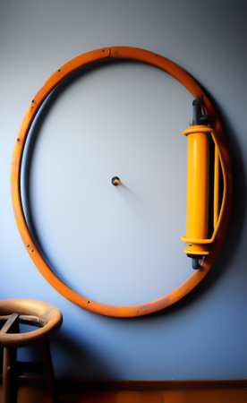 Orange wall clock on white wall in the room. Selective focus.の写真素材