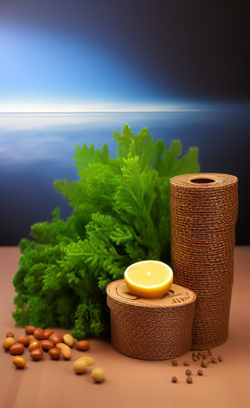 Spa still life with lemon and herbs on a background of the seaの写真素材