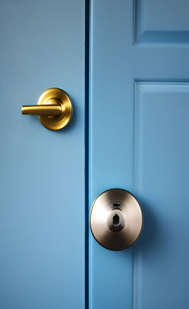 Doorknob on blue wooden door, closeup of photo.の写真素材