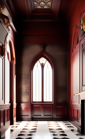 Interior of a classic room with stained glass window, 3d renderの写真素材