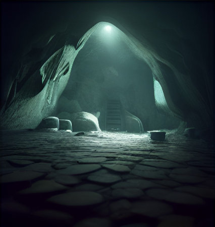 Fantasy dark cave with light coming through. 3D rendering.の写真素材
