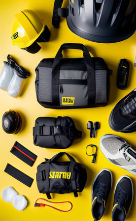 Flat lay of sports equipment on yellow background, top view.