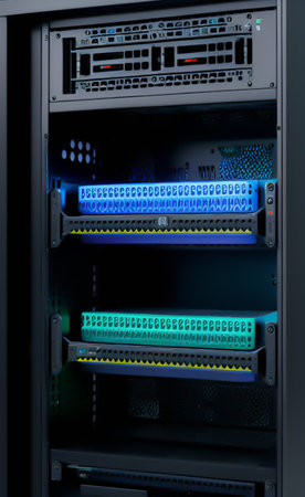 hardware in internet data center room. 3d rendering toned image